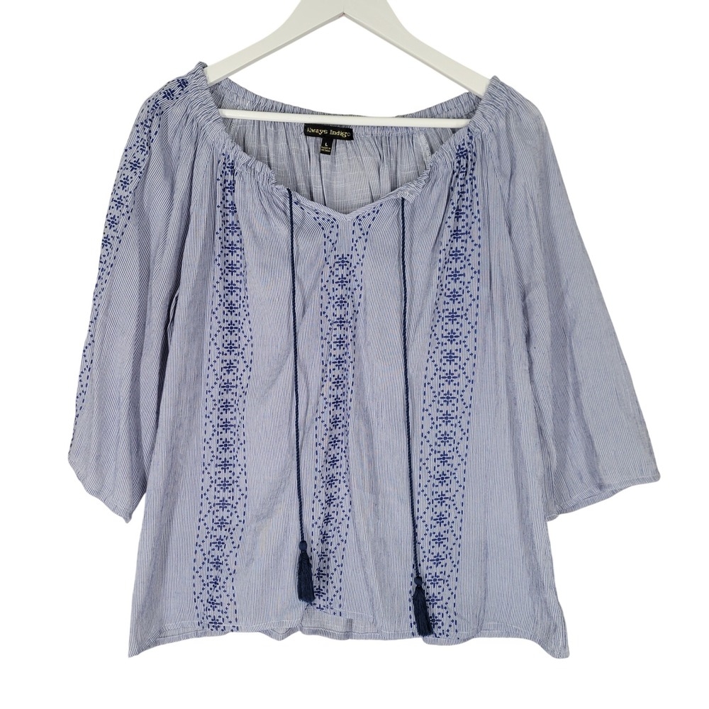 Always Indigo Peasant Blouse Women Large Blue Striped Tassel Textured Print BOHO